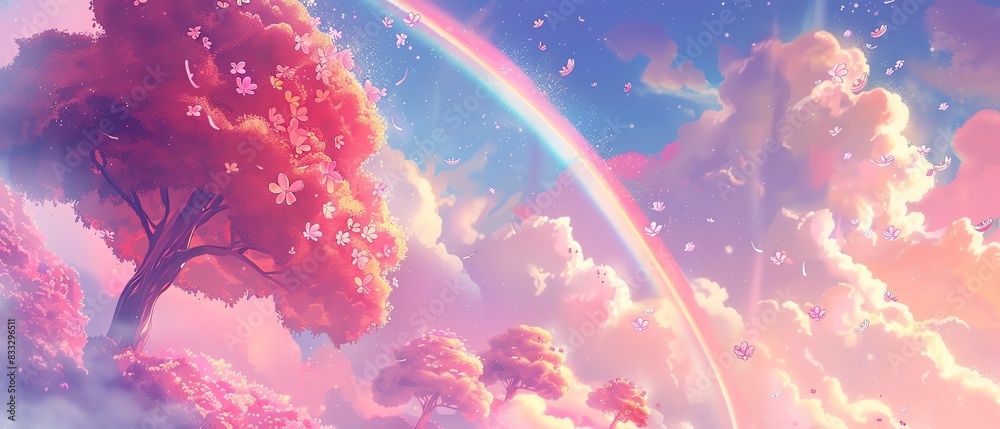 Beautiful fantasy landscape with pink trees, a vibrant rainbow, and dreamy clouds under a magical sky. Perfect for whimsical concepts and themes. Beautiful fantasy landscape with pink trees, a vibrant rainbow, and dreamy clouds under a magical sky. Perfect for whimsical concepts and themes.