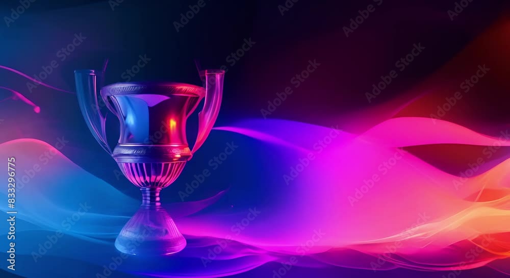 Futuristic dark blue background with trophy in wideangle view. Concept Futuristic Photoshoot, Dark Blue Background, Trophy Prop, Wide-Angle View