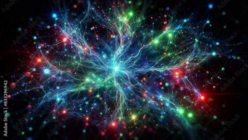 A mesmerizing, vibrant digital artwork depicting a complex network of interconnected nodes and lines, resembling a neural network or a cosmic web, with a multitude of colors and glowing points.