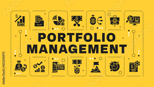 Portfolio management yellow word concept. Stock investing, diversification. Income generation. Visual communication. Vector art with lettering text, editable glyph icons. Hubot Sans font used