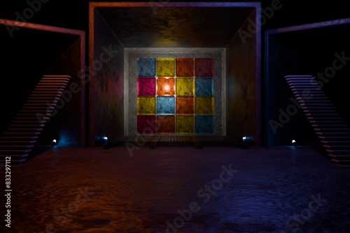 3d render, glowing lines, tunnel, neon lights, virtual reality, abstract background, square portal, arch, pink blue spectrum vibrant colors, laser show