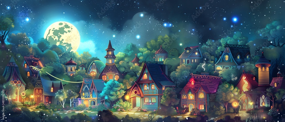 Enchanting night village scene with glowing lights, colorful houses, and a bright full moon in a starry sky.