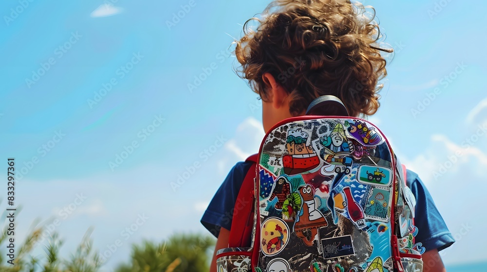 Obraz premium Young boy with curly hair wearing a vibrantly decorated backpack stands outdoors, gazing at the clear blue sky.
