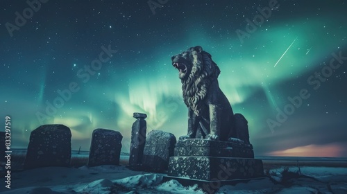  a lion roars atop an ancient stone altar, with aurora borealis and a polar sky in the background, which glows in the early morning light, Superb clarity, a shooting light flashes across the heavens