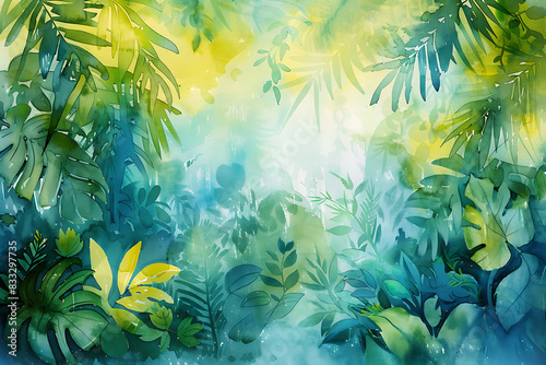 A vibrant watercolor ecology background featuring lush greenery and blue hues, evoking a sense of nature's beauty.