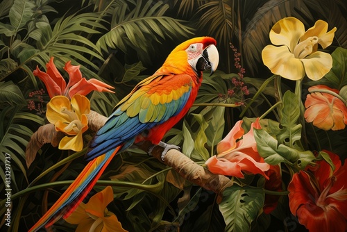 Digital art of a colorful scarlet macaw perched among lush, exotic flowers