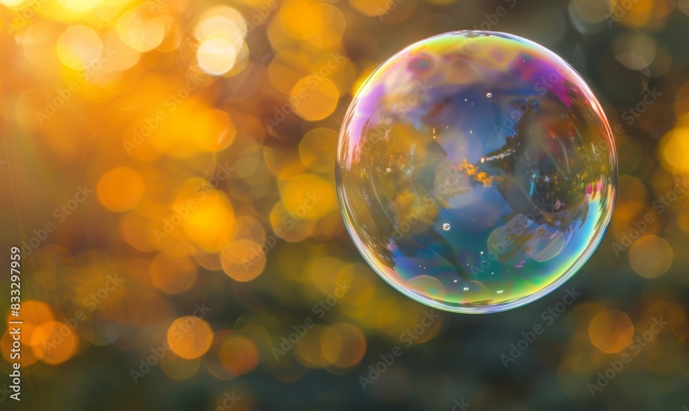 Soap bubbles float in the air, reflecting the beautiful colors of the rainbow.