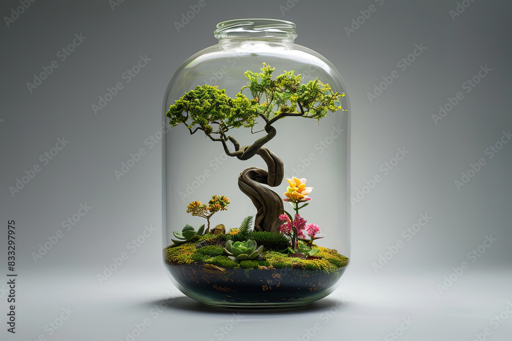 Terrarium avec arbre miniature et plantes fleuries dans un bocal en verre Terrarium avec arbre miniature et plantes fleuries dans un bocal en verre