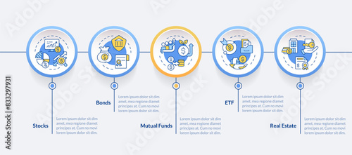 Investments diversification circle infographic template. Data visualization with 5 steps. Editable timeline info chart. Workflow layout with line icons. Lato-Bold, Regular fonts used