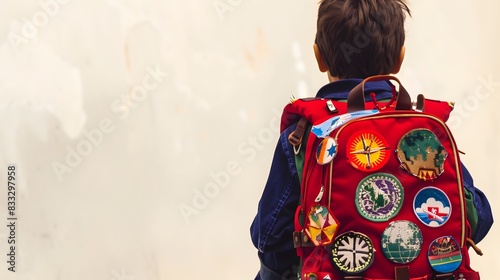 A young boy with a red backpack adorned with various colorful patches stands against a light wall, ready for a journey or school day. photo