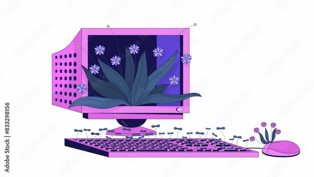Flora Computer Vintage computer with growing plants line 2D animation. Lo fi ...