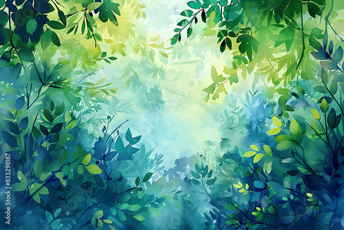 A vibrant watercolor ecology background featuring lush greenery and blue hues, evoking a sense of nature's beauty.
