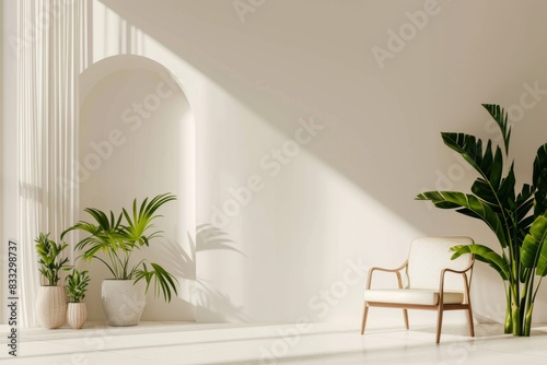 Minimalist interior with an arch, a simple and elegant room with a white arch, garden chair, and plants, creating a sense of tranquility and purity.