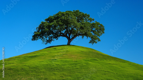  One big tree on top of a grassy hill, blue sky, sunny day, photo-realistic in the style of green tree, blue sky, white clouds, green grass, landscape photography, nature scene, minimalistic, high res