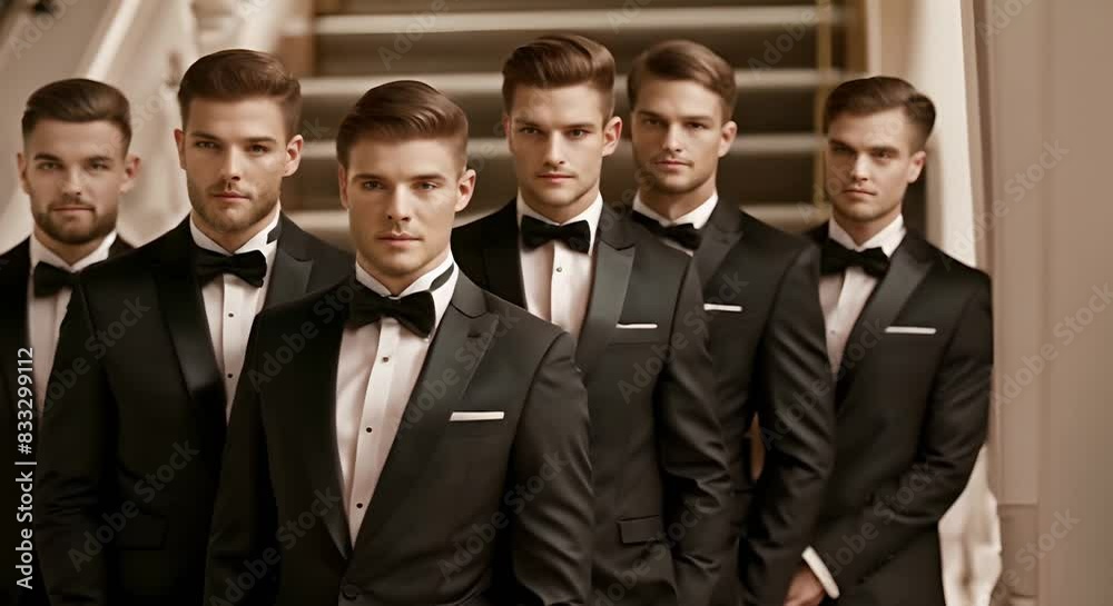Men in formal tuxedos pose for a photo groomsmen in black suits. Concept Wedding, Formal Attire, Groomsman, Tuxedos, Group Photo Men in formal tuxedos pose for a photo groomsmen in black suits. Concept Wedding, Formal Attire, Groomsman, Tuxedos, Group Photo