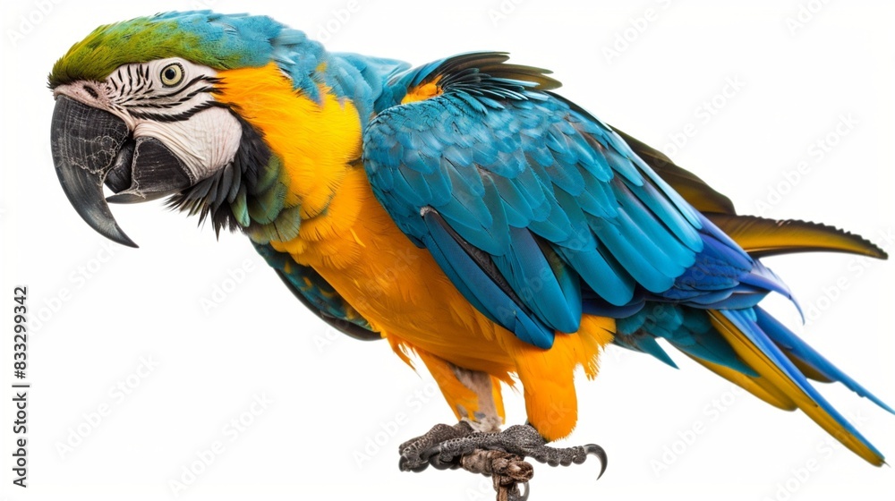  A colorful blue macaw, its vibrant feathers standing out against a transparent background, captured in breathtaking high definition