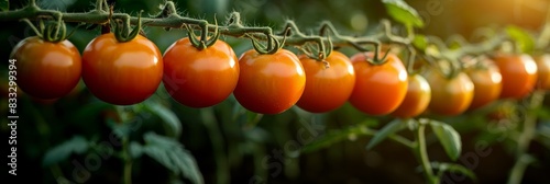 Ripe tomatoes dangle from greenhouse vines photo