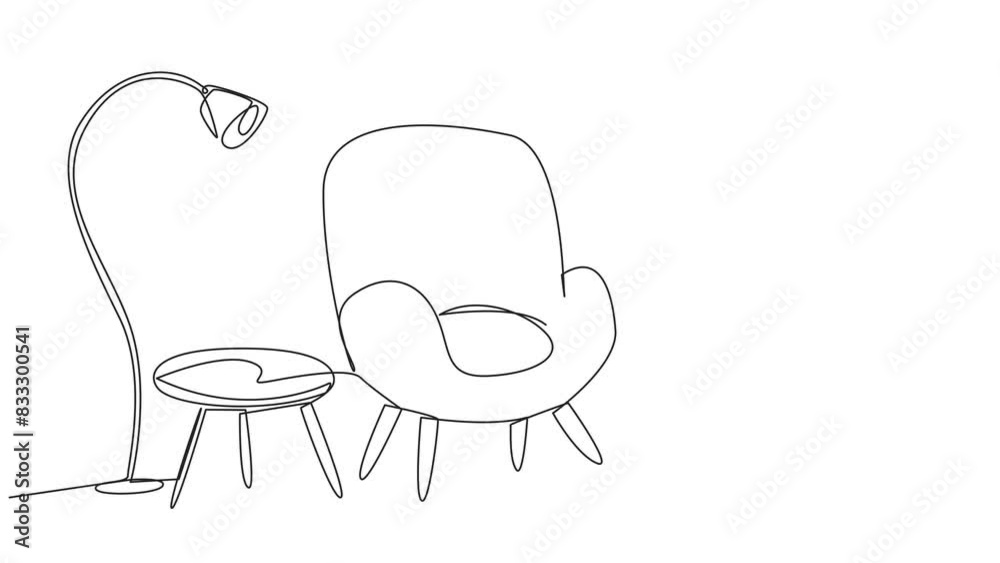 Self drawing animation of single continuous line drawing stylish room with full furniture modern. Clean room used to relax. Soft chairs are equipped with floor lamps. Minimalist. Full length animated Self drawing animation of single continuous line drawing stylish room with full furniture modern. Clean room used to relax. Soft chairs are equipped with floor lamps. Minimalist. Full length animated