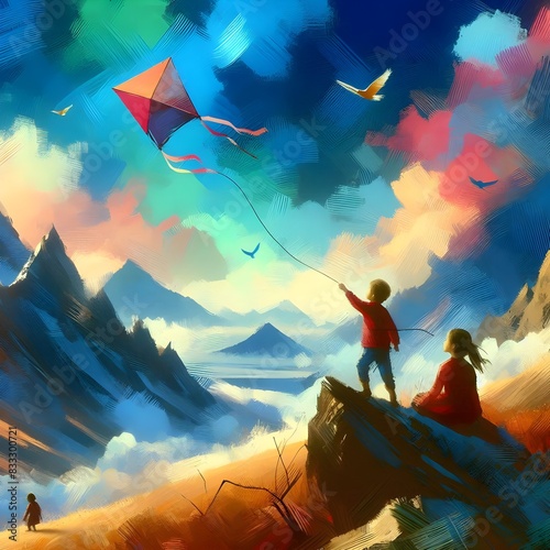 An illustration of little boy playing with kite along with his sister