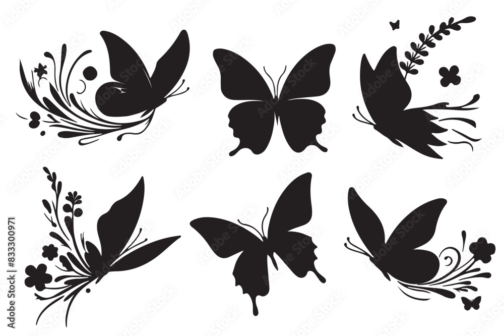 Flying butterflies silhouette black set isolated on white background, silhouette vector style, white background generated by Ai Flying butterflies silhouette black set isolated on white background, silhouette vector style, white background generated by Ai