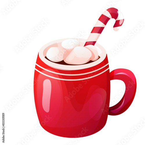 Christmas holiday red mug with hot beverage, marshmallow isolated on white background. Bright winter cocoa or hot chocolate.