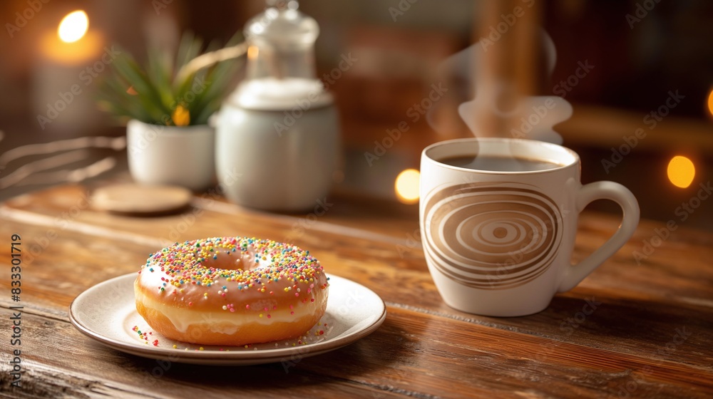 Steaming Coffee Mug and Sprinkle Donut on Rustic Wooden Table with Cozy Lighting Steaming Coffee Mug and Sprinkle Donut on Rustic Wooden Table with Cozy Lighting