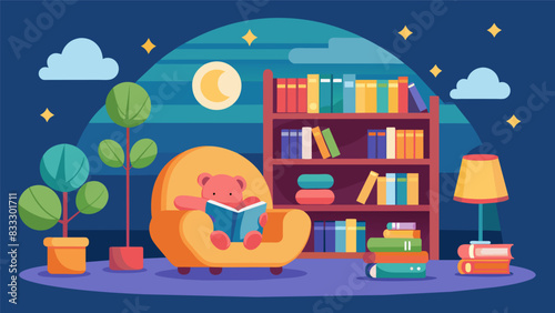 The librarys cozy reading nook was the perfect spot for the children to relax and flip through books after storytime ended.. Vector illustration