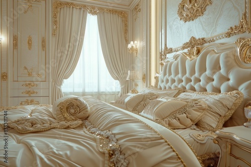 Luxurious cream and gold bedroom with ornate details.