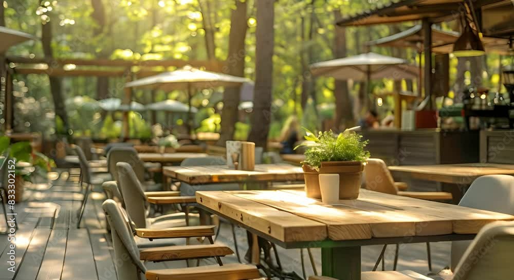 Cozy retro coffee shop with wooden tables surrounded by a forest. Concept Retro Coffee Shop, Wooden Tables, Forest Setting, Cozy Ambiance Cozy retro coffee shop with wooden tables surrounded by a forest. Concept Retro Coffee Shop, Wooden Tables, Forest Setting, Cozy Ambiance