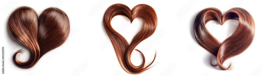 Set of Heart-Shaped Chestnut Hair Isolated on White Background Set of Heart-Shaped Chestnut Hair Isolated on White Background