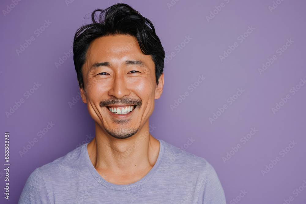 Adult male with a cheerful smile against a purple background showcasing happiness and confidence Adult male with a cheerful smile against a purple background showcasing happiness and confidence