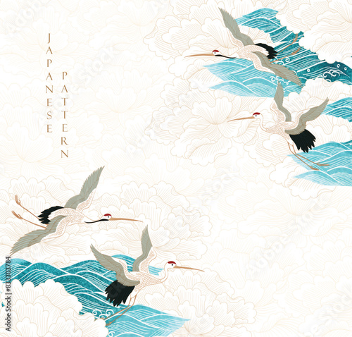 Chinese wave decorations with crane birds and Peony flowers background in vintage style. Japanese background with Blue watercolor painting texture vector. Oriental art banner design wallpaper.