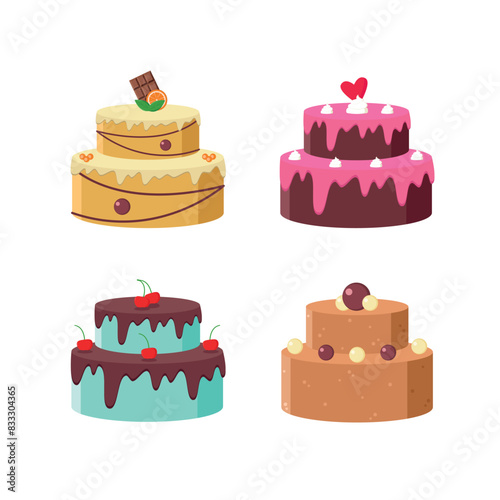 A set of bright and sweet layer cakes. Cakes with different fillings and flavors. Flat style.
