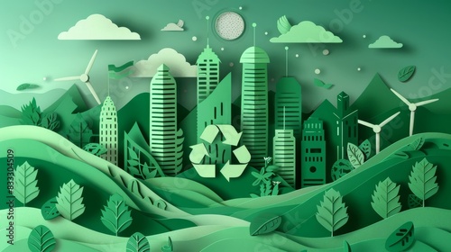 Detailed paper cutout of a green city featuring tall trees and windmills