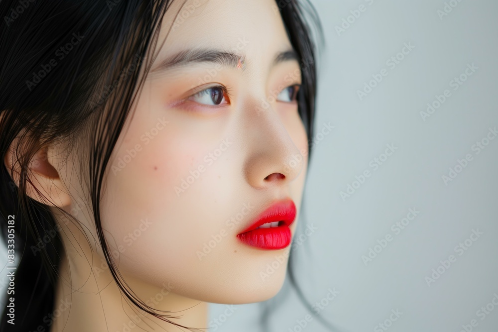 young East Asian woman with sleek black hair, wearing red lipstick, studio shot, white background young East Asian woman with sleek black hair, wearing red lipstick, studio shot, white background