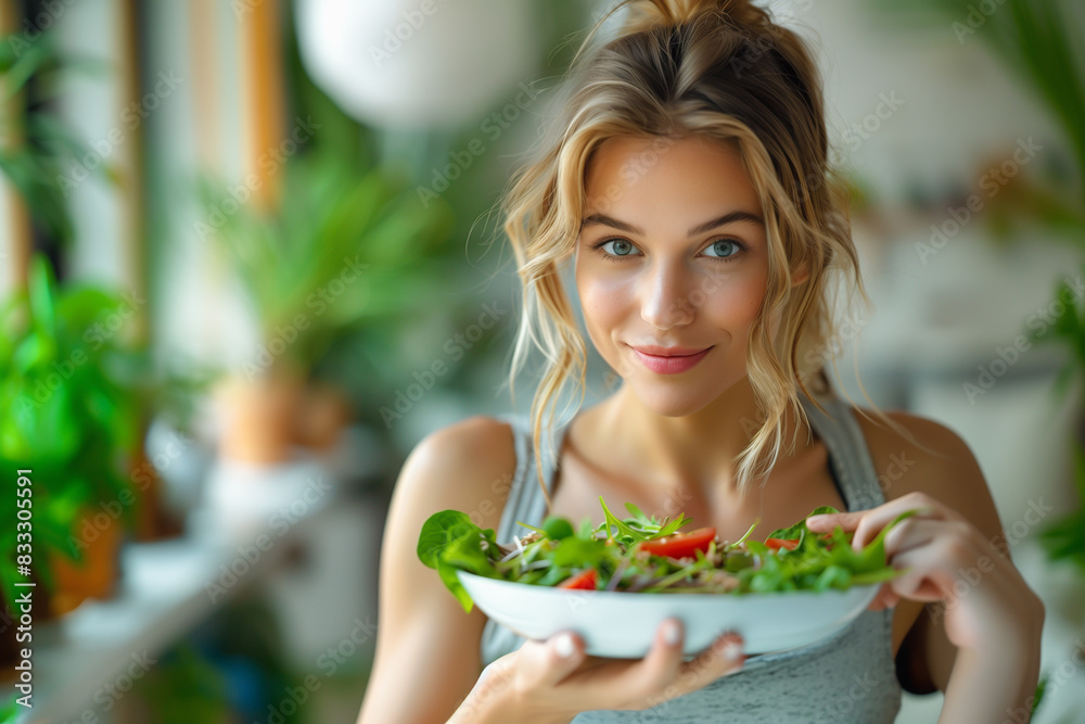 Portrait of a beautiful, healthy, health-conscious white woman wearing workout clothes, eating a salad from a white plate, with a blurred background Portrait of a beautiful, healthy, health-conscious white woman wearing workout clothes, eating a salad from a white plate, with a blurred background
