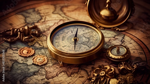 Vintage compass and map evoke adventure, navigation, and exploration