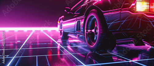 Modern aesthetic  low  back wheel  side on view from behind  car on neon laser gridlines driving towards horizon. 3D 80s retro wave  futuristic  clear  beautiful  isolated  futurism  copy space