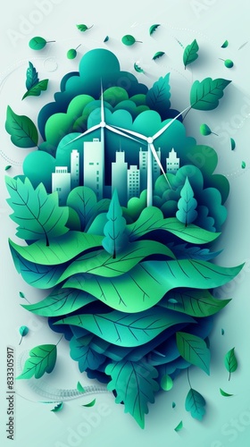 A detailed paper cutout featuring a cityscape with buildings and trees