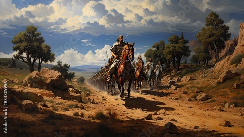 An intense cavalry charge scene set against a desert landscape under a vast sky photo