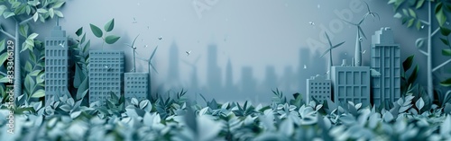 A cityscape featuring tall buildings towering over green trees in a paper art style