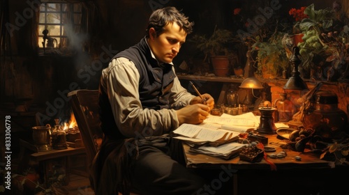 A historical scene depicting a man focused on writing with a quill at a desk by the light of an oil lamp