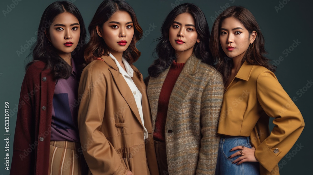 Four fashionable women with intensely focused looks pose in trendy clothing with a cohesive color palette Four fashionable women with intensely focused looks pose in trendy clothing with a cohesive color palette