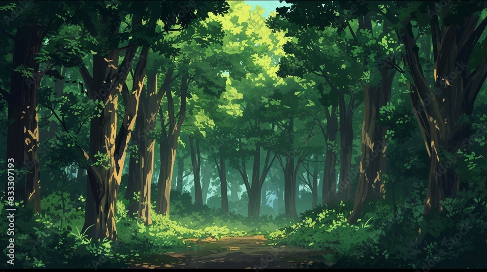 Fototapeta premium Anime cartoon style woodland forest background.Generative AI.