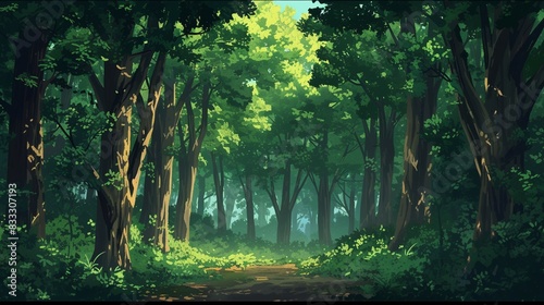 Anime cartoon style woodland forest background.Generative AI.