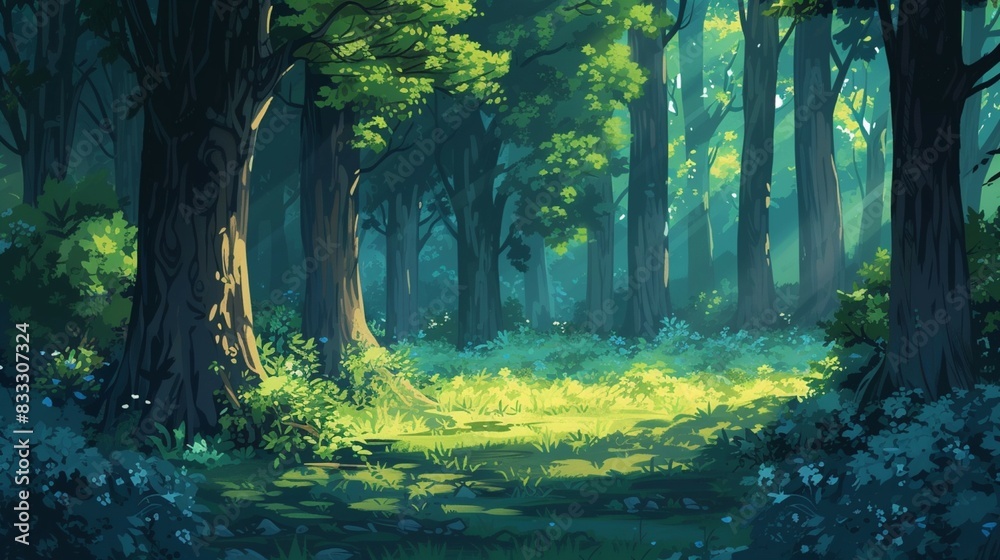 Anime cartoon style woodland forest background.Generative AI. Anime cartoon style woodland forest background.Generative AI.