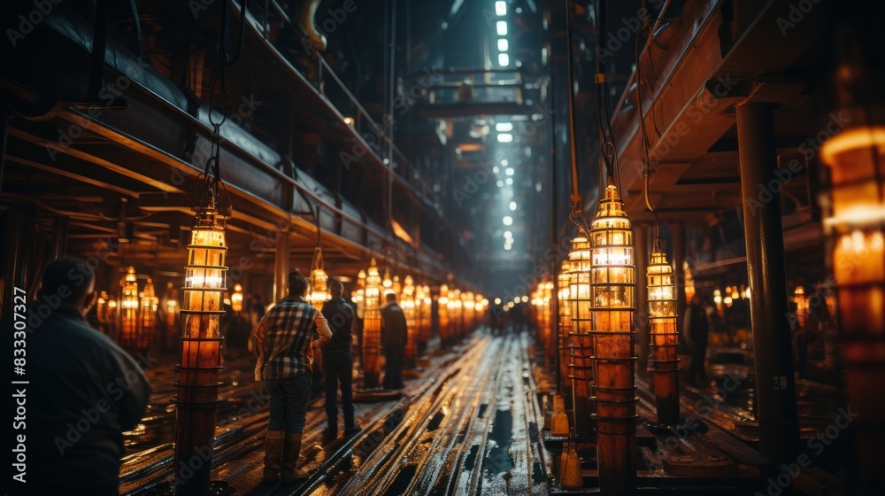 People walking through an industrial alley illuminated by hanging lanterns at night, creating a moody ambiance