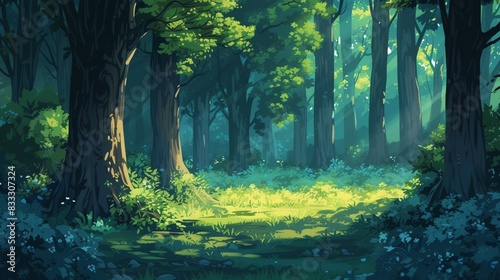 Anime cartoon style woodland forest background.Generative AI.