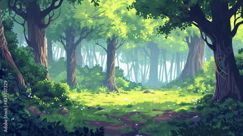 Anime cartoon style woodland forest background.Generative AI.