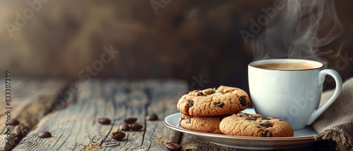 Steaming cup of coffee with fresh cookies on a rustic wooden table, creating a cozy breakfast or snack setting. photo